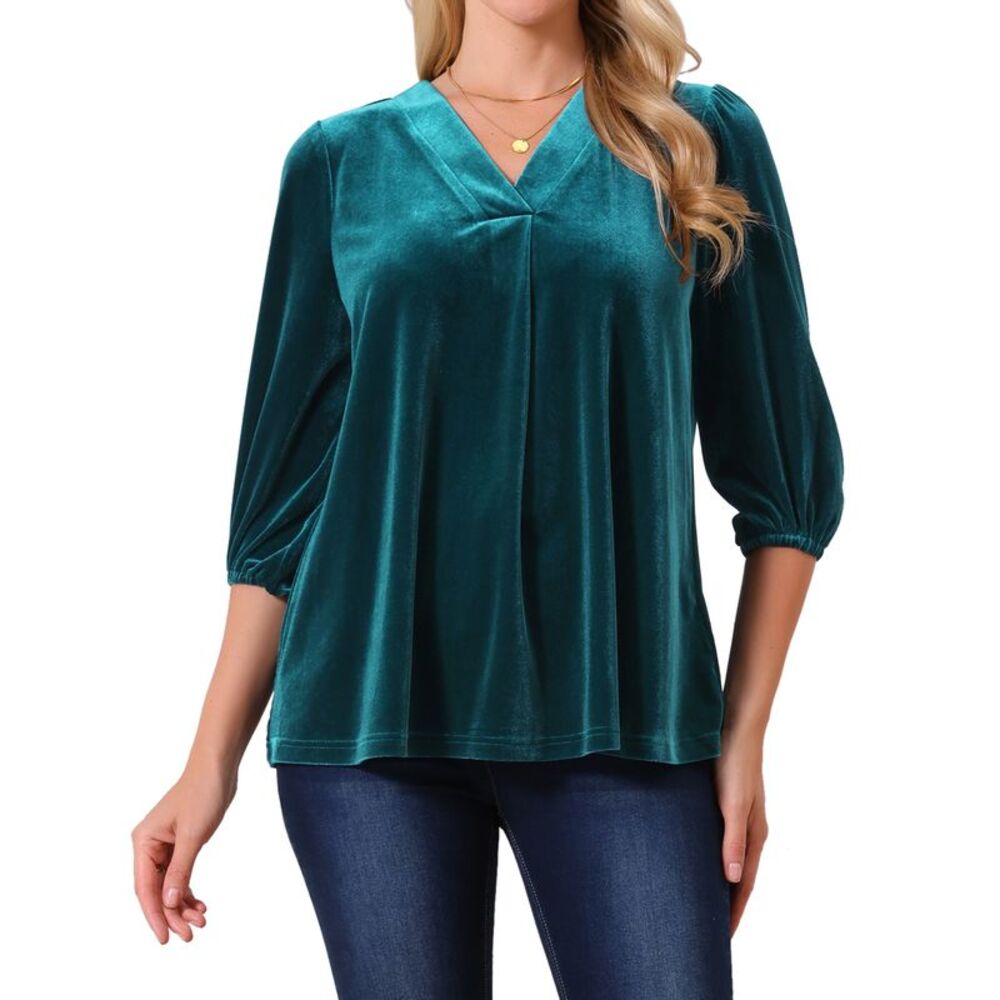 Velvet V Neck 3/4 Puff Sleeve Fall Winter Casual Tunic T-Shirt Peacock Blue